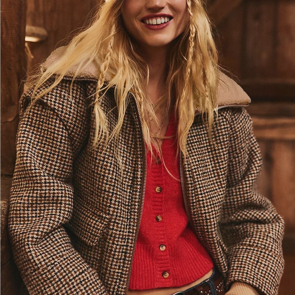 We The Free Brown Houndstooth Bomber Jacket